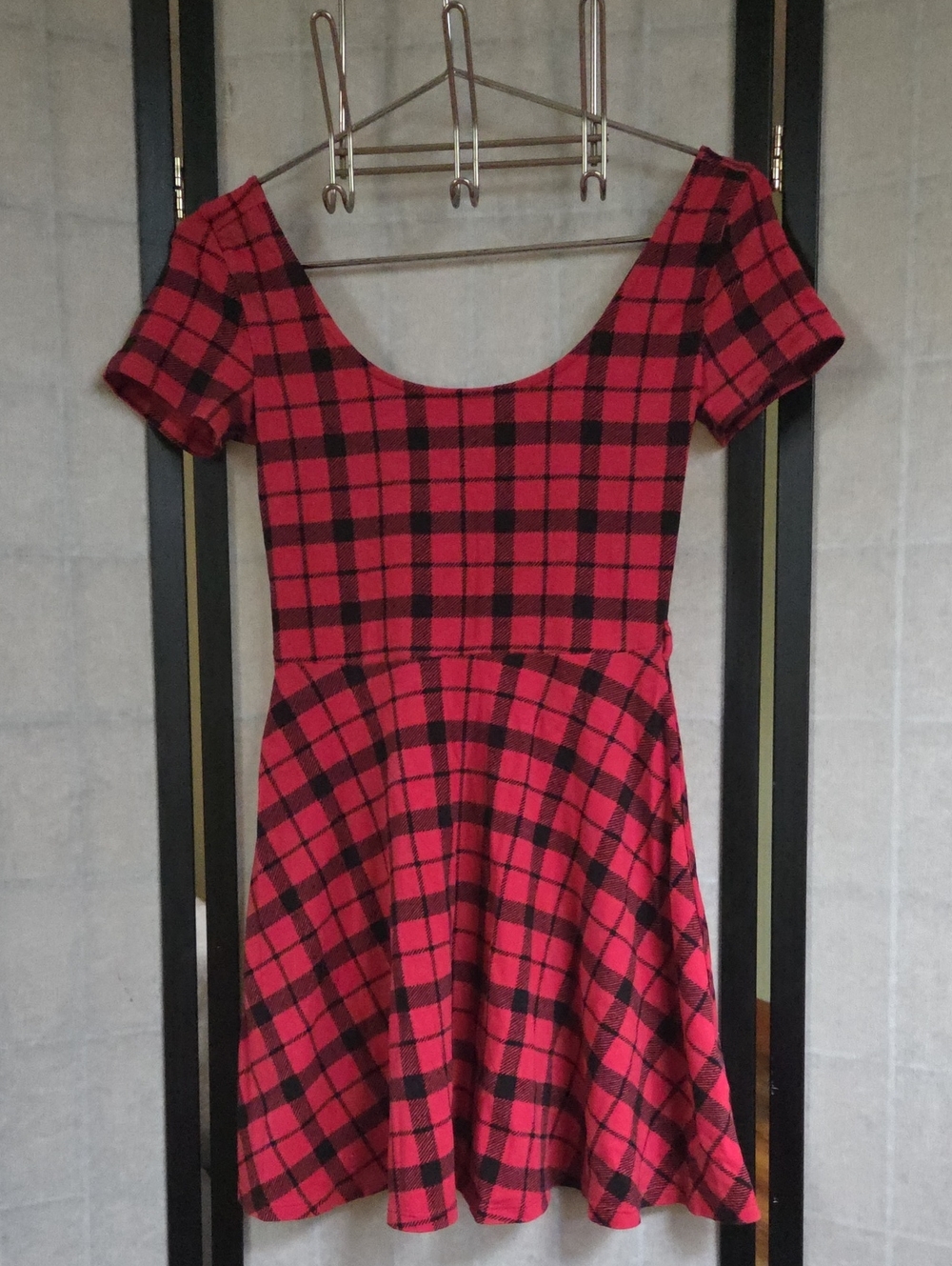 Red Plaid Skater Mini Dress - Stretchy Fit & Flare Fall / Holiday
